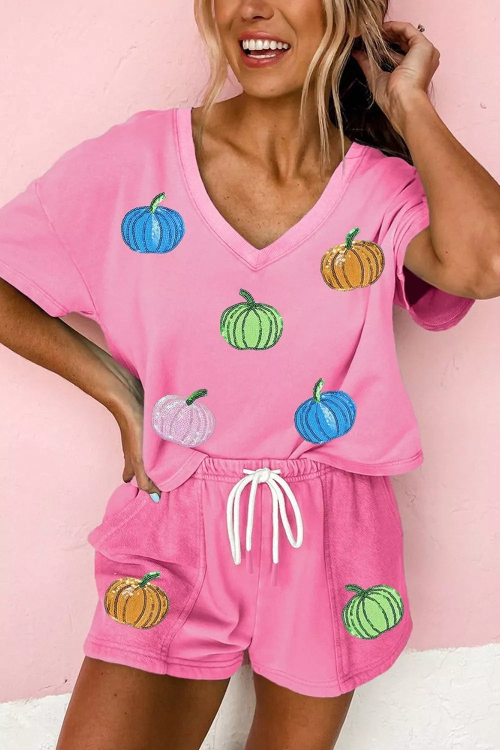 Sequin Halloween Pumpkin Pattern V Neck Tee and Drawstring Bottoms Casual Set