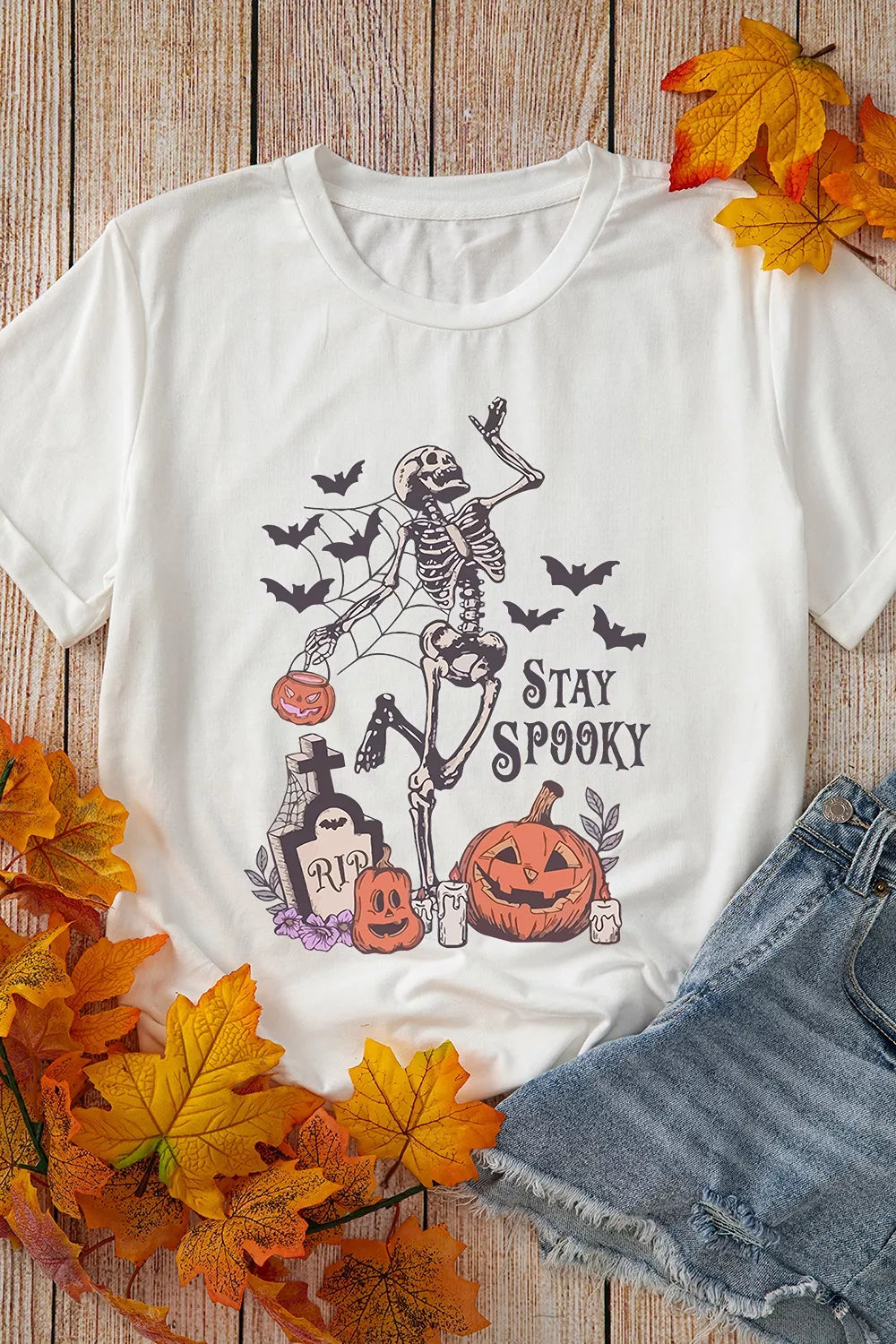 Full Size Skull Pumpkin Face STAY SPOOKY Graphic Halloween T Shirt Plus Size