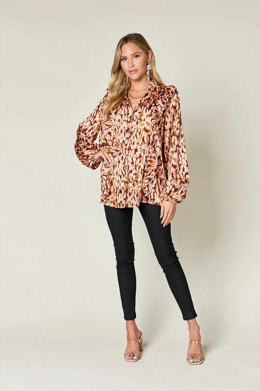 Double Take Full Size Printed Ruffle Trim Balloon Sleeve Shirt Plus Size