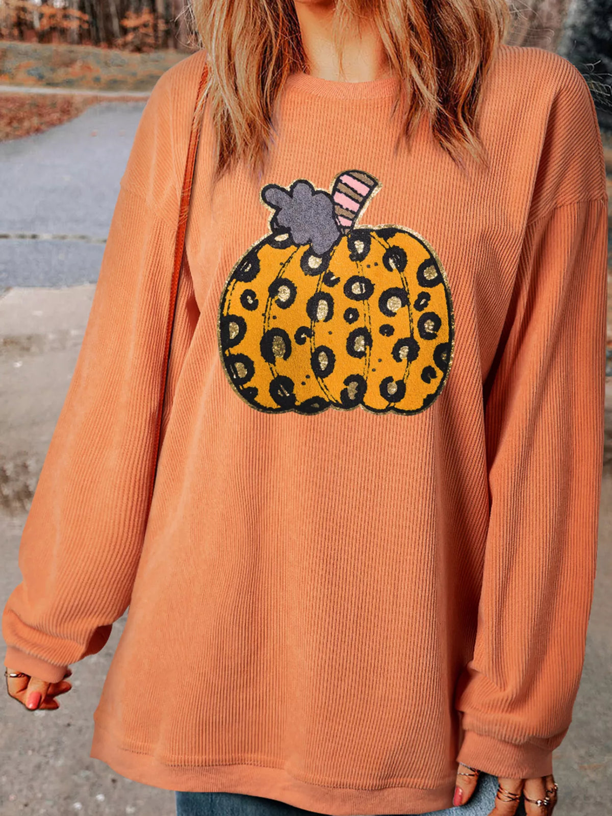 Halloween Leopard Pumpkin Patchwork Ribbed Sweatshirt