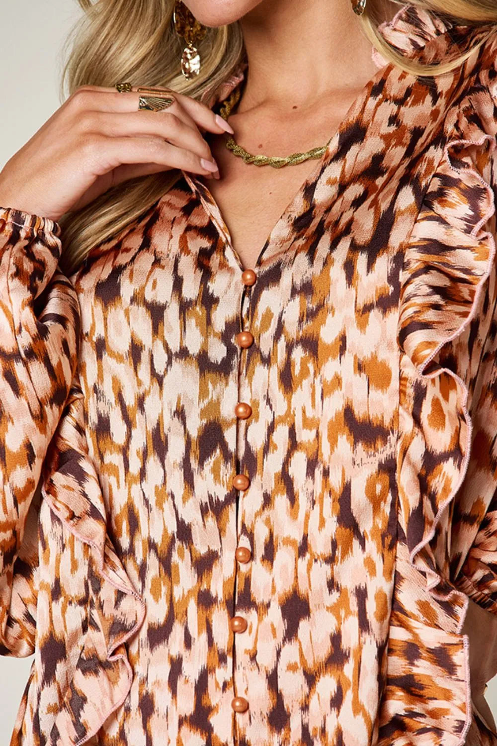 Double Take Full Size Printed Ruffle Trim Balloon Sleeve Shirt Plus Size