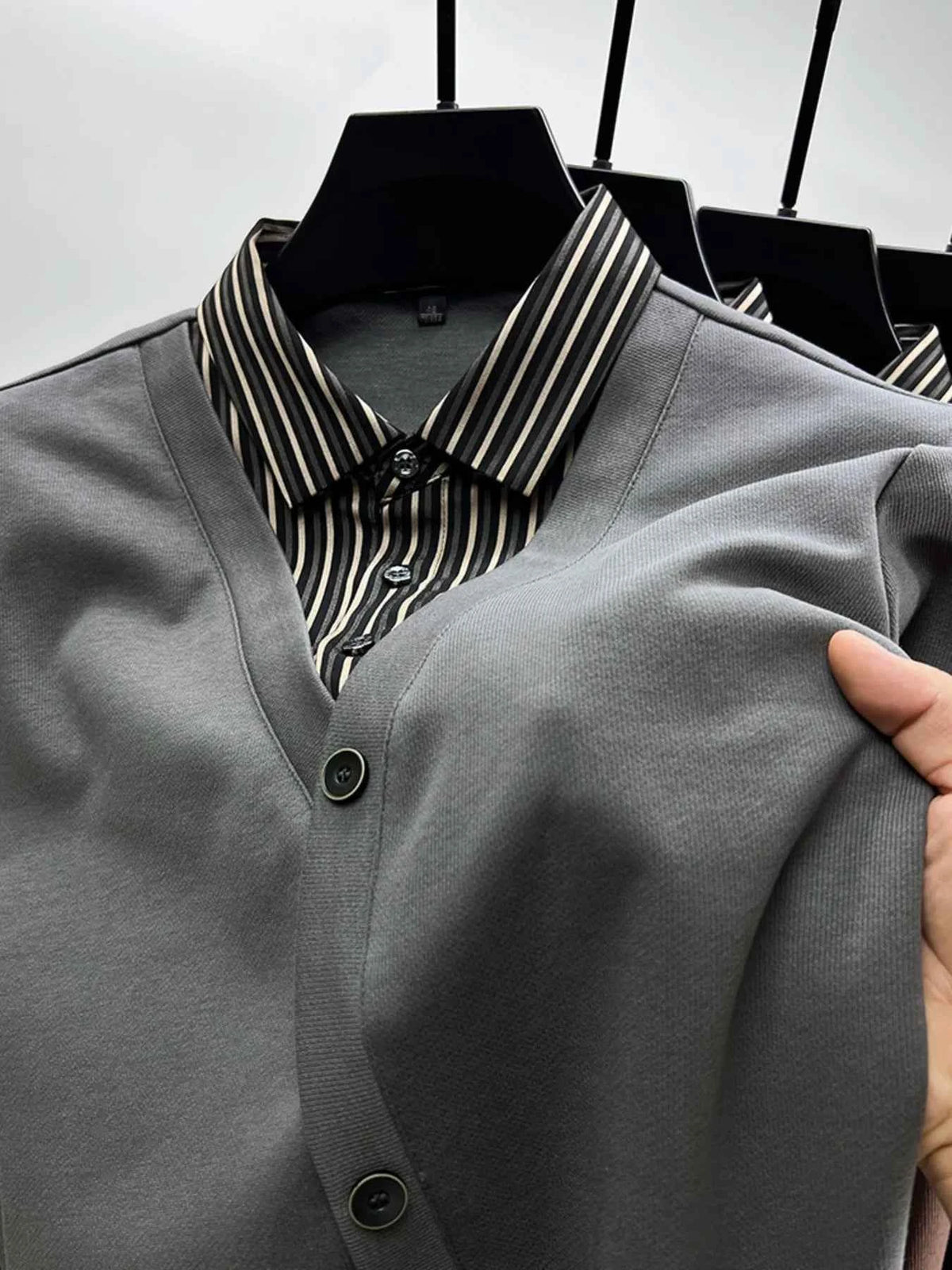 Men's Plus Size Striped Collar Detail Long Sleeve Top