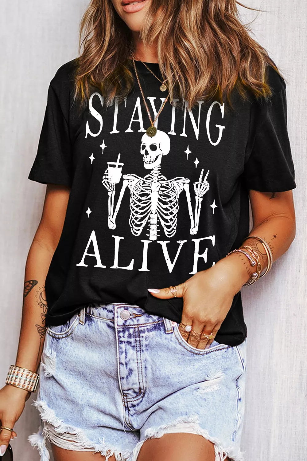 STAYING ALIVE Funny Skeleton Graphic Round Neck T Shirt