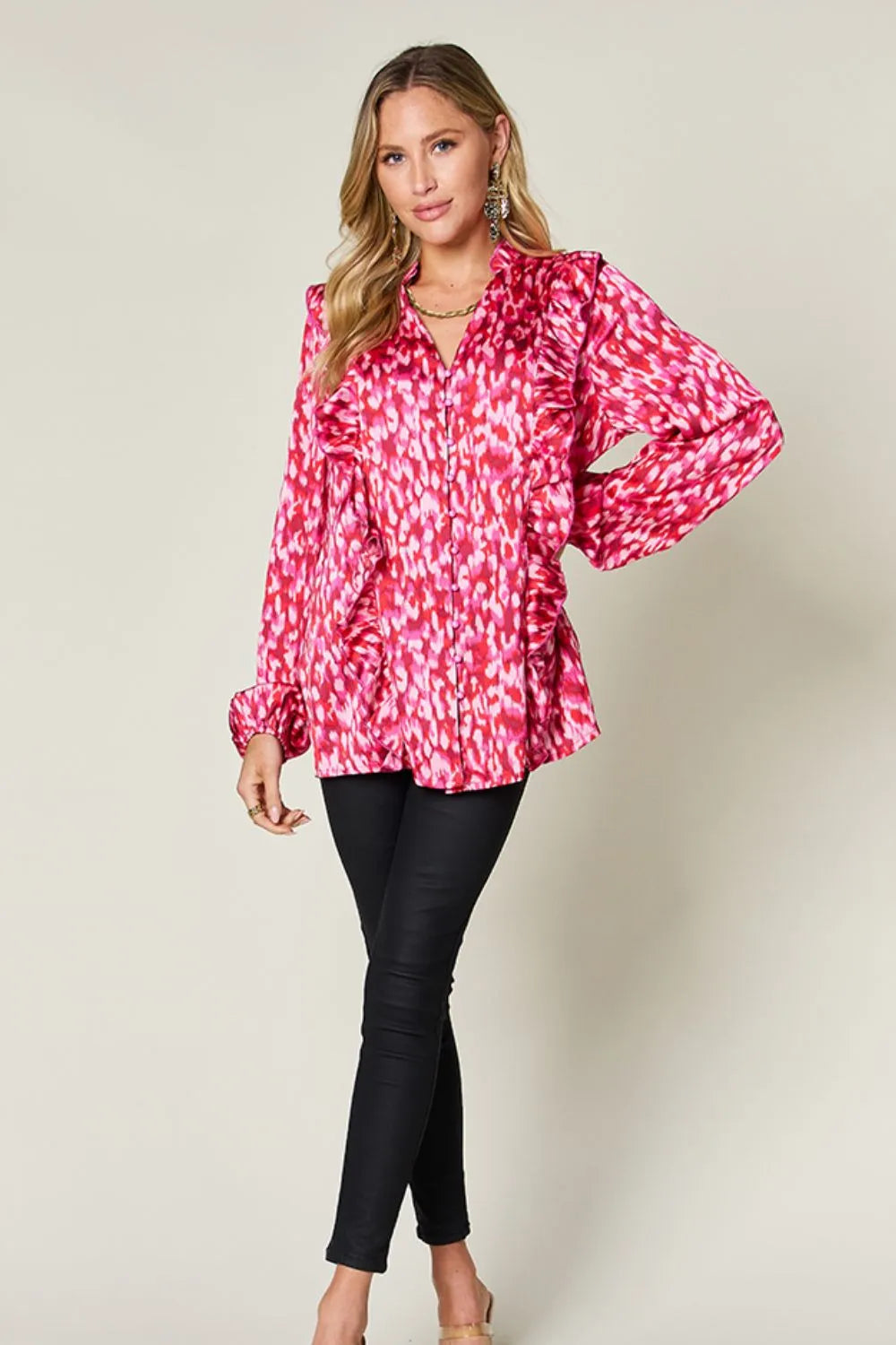 Double Take Full Size Printed Ruffle Trim Balloon Sleeve Shirt Plus Size
