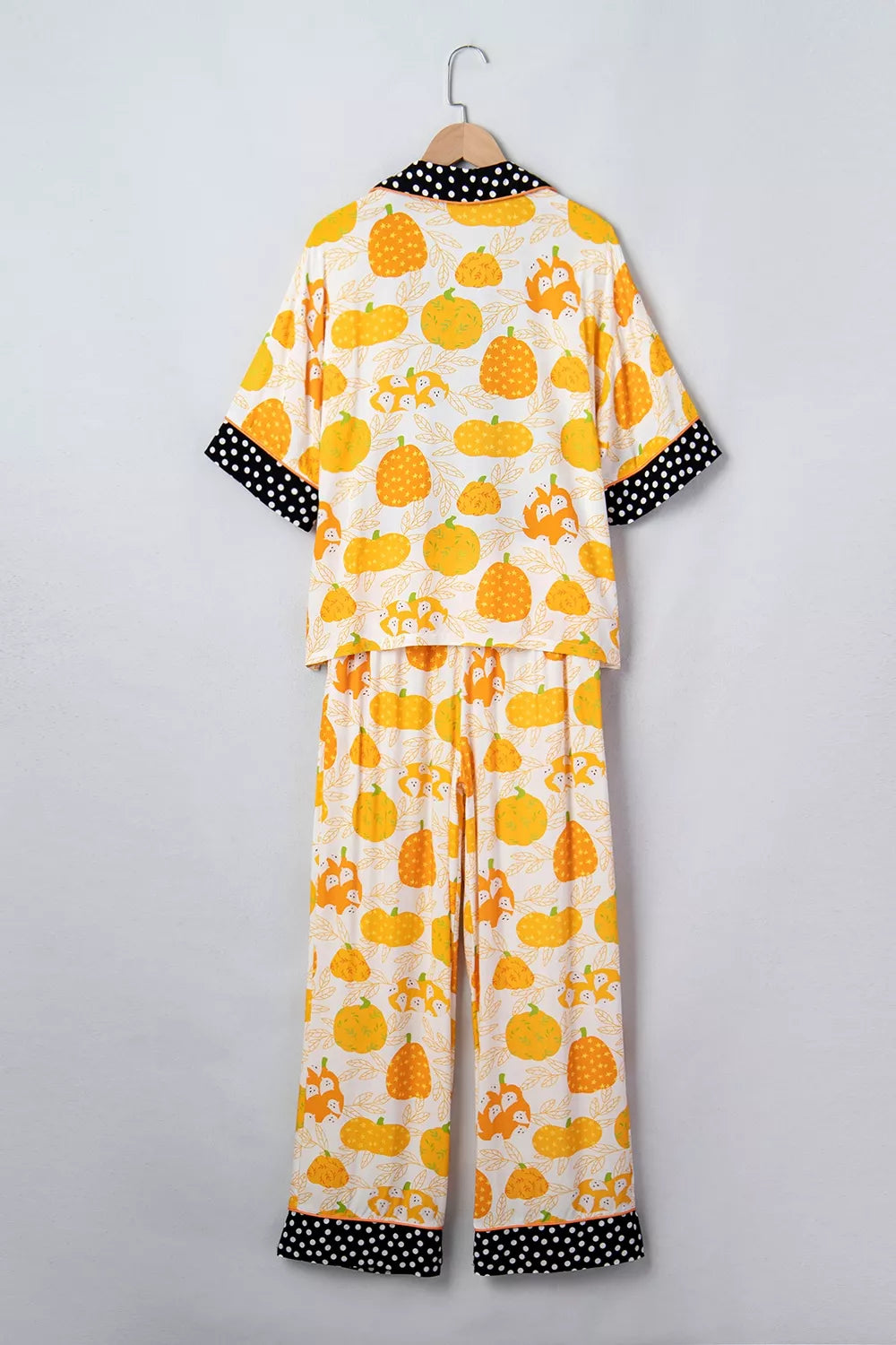 Short Sleeve Pumpkin Print Polka Dot Trim Pocket Placket Lounge Set