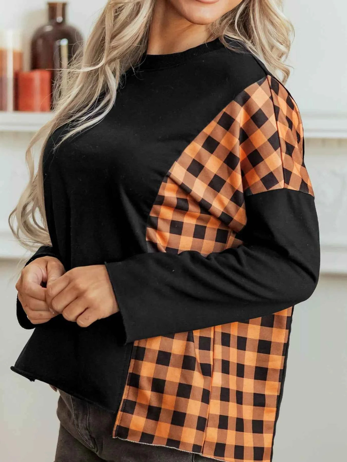 Patchwork Plaid Pumpkin Face Long Sleeve Top