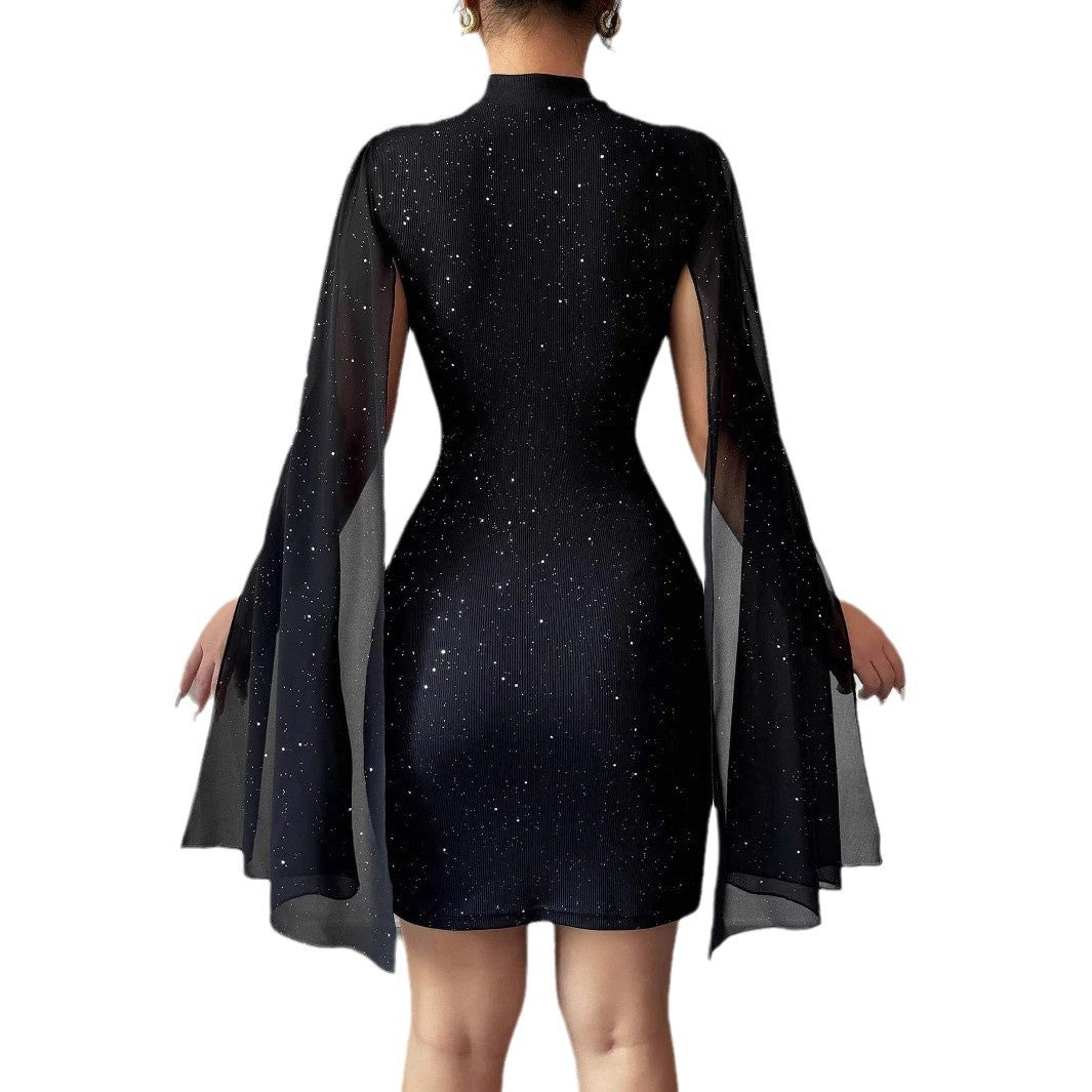 Women's Elegant Evening Party Dress with Pearl Chiffon Cape Sleeves