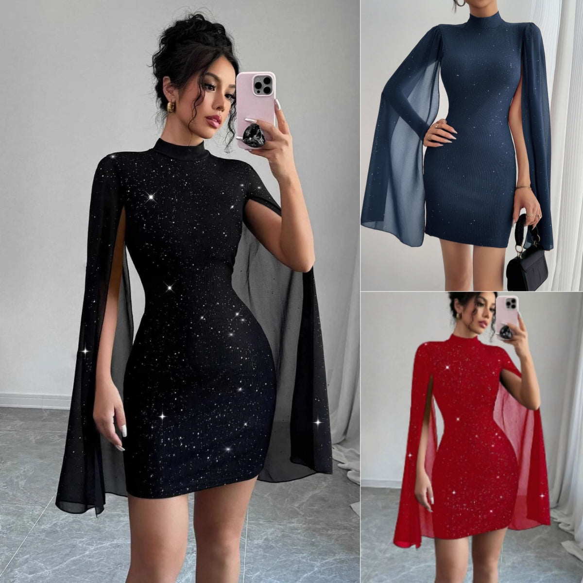 Women's Elegant Evening Party Dress with Pearl Chiffon Cape Sleeves