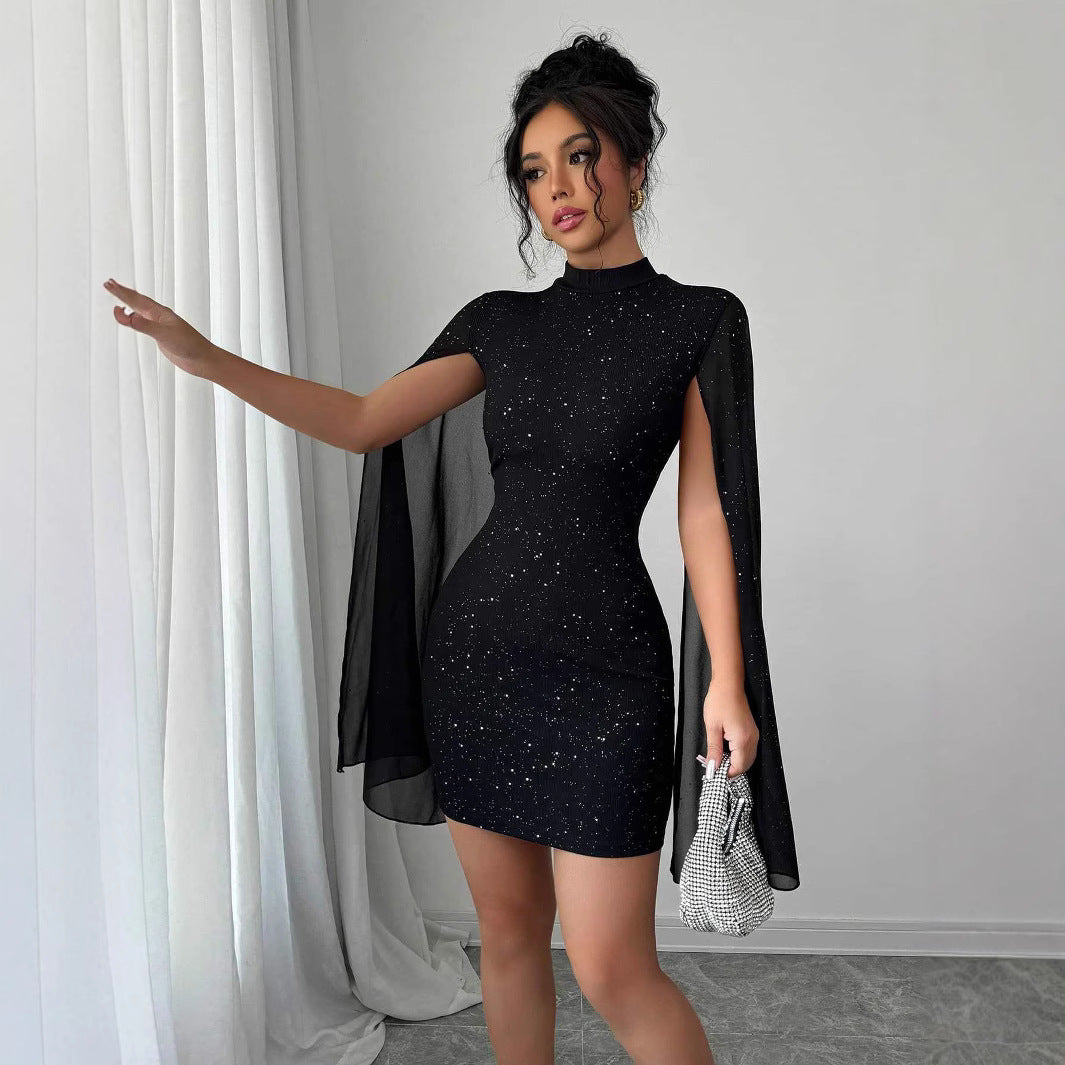 Women's Elegant Evening Party Dress with Pearl Chiffon Cape Sleeves