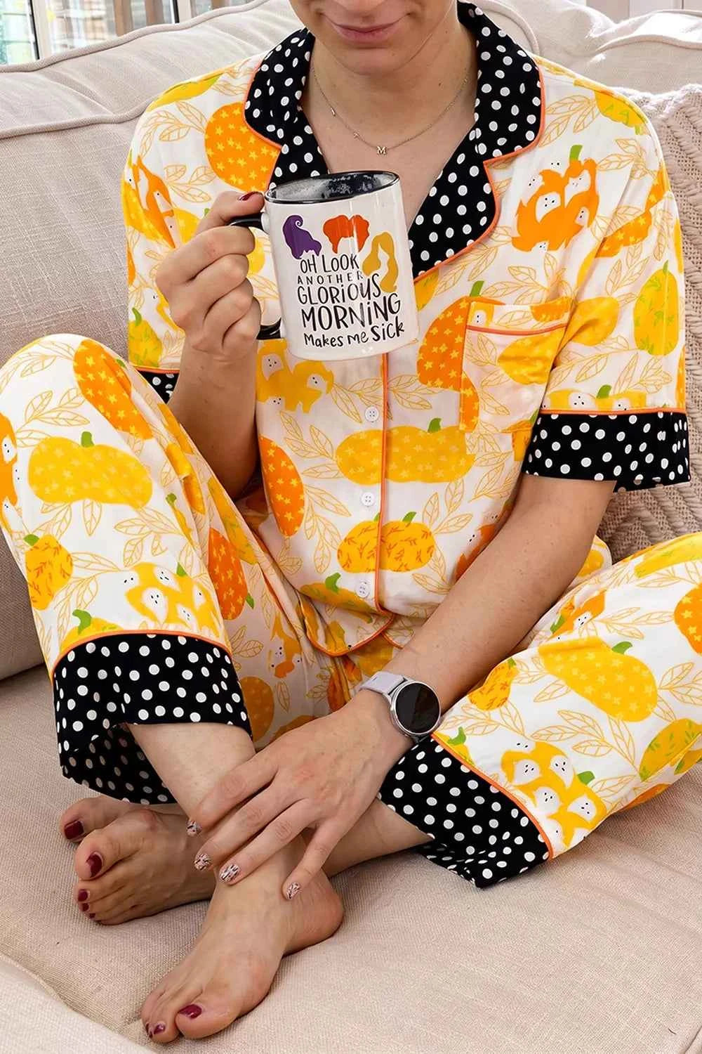 Short Sleeve Pumpkin Print Polka Dot Trim Pocket Placket Lounge Set