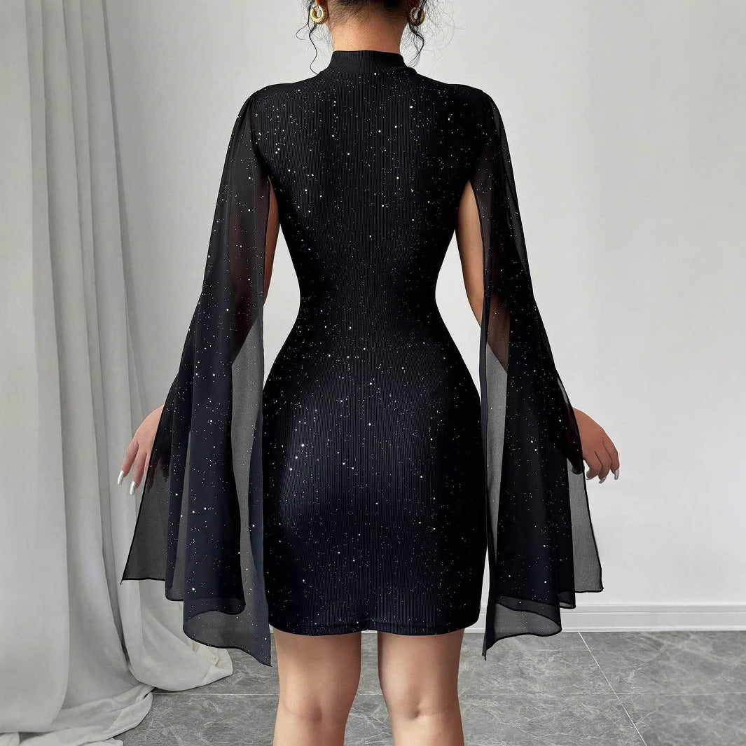 Women's Elegant Evening Party Dress with Pearl Chiffon Cape Sleeves