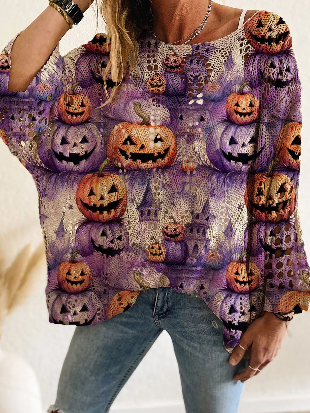 Full Size Halloween Pumpkin Loose Knit Cover Up Plus Size