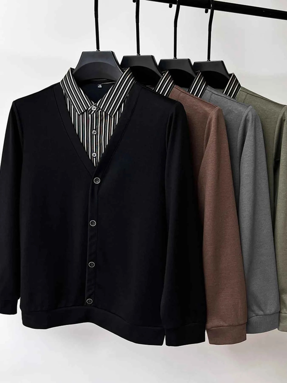 Men's Plus Size Striped Collar Detail Long Sleeve Top