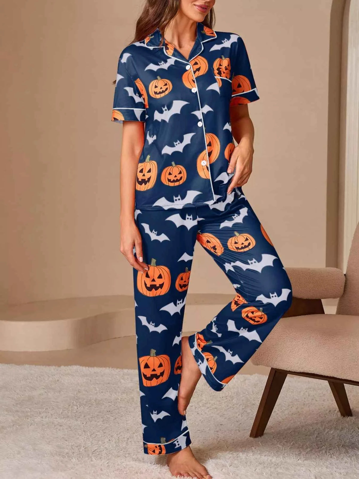 Halloween Pumpkin and Bat Print Button-Down Top and Pants Lounge Set