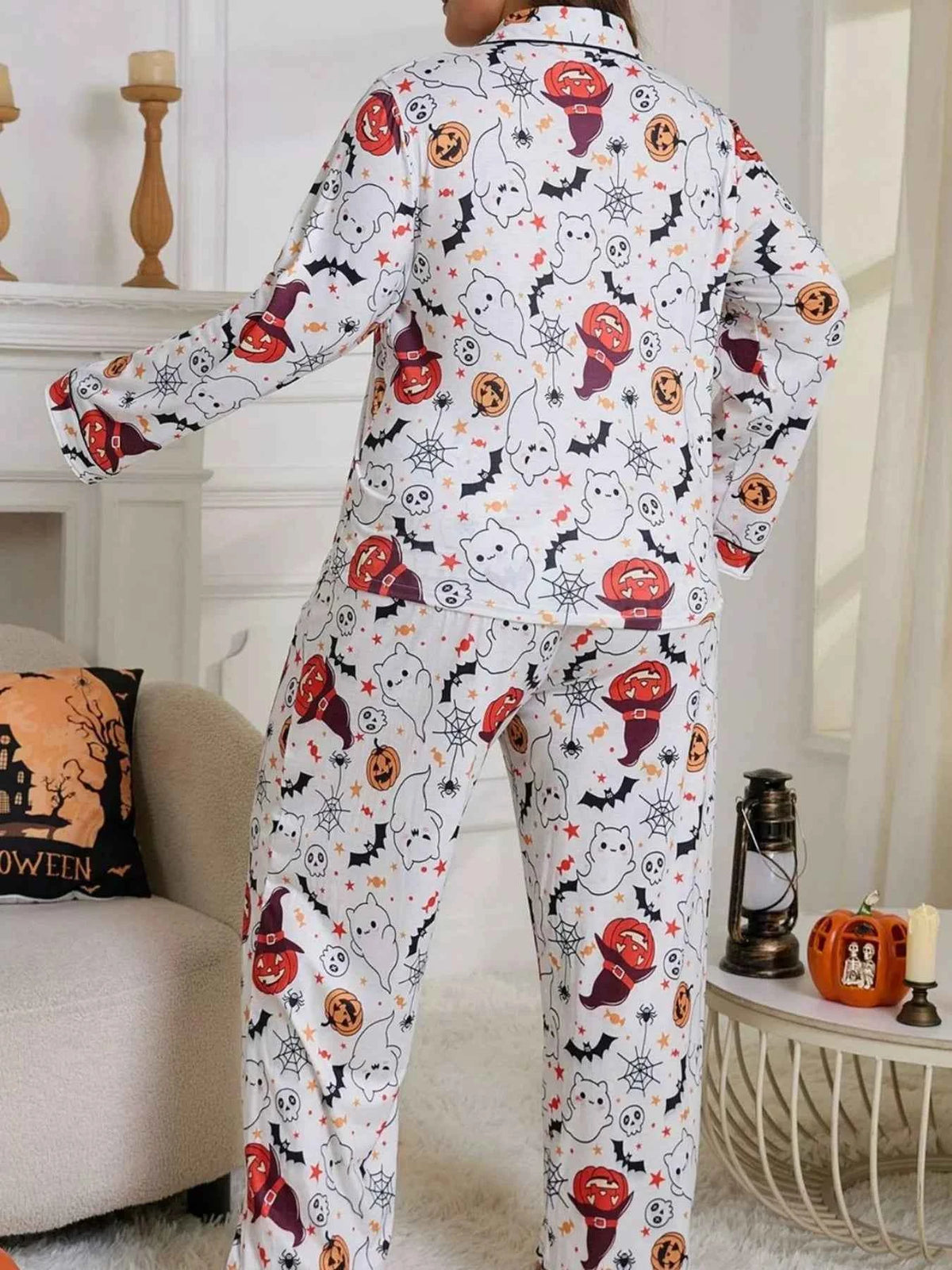 Plus Size Halloween Ghost and Pumpkin Print Top and Pants Lounge Set