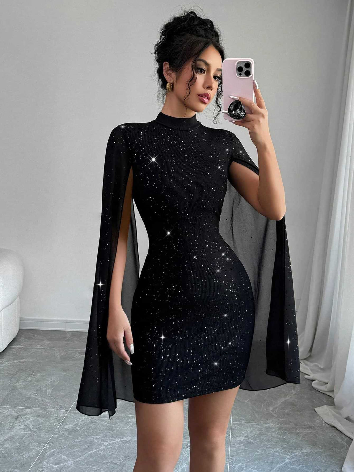 Women's Elegant Evening Party Dress with Pearl Chiffon Cape Sleeves