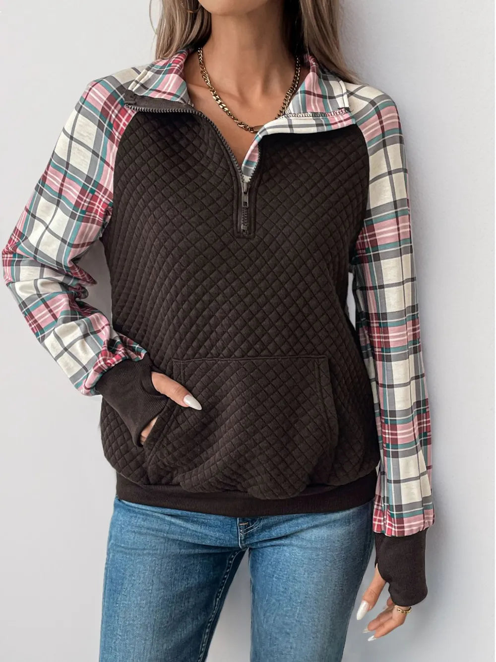 Perfee Plaid Half Zip Long Sleeve Sweatshirt