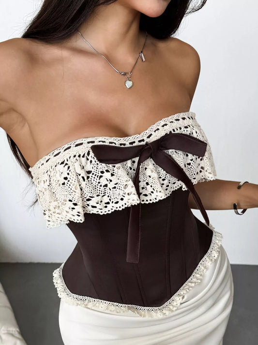 Crochet Lace Strapless Boned Corset Lace-Up Waist Cincher Tube Top