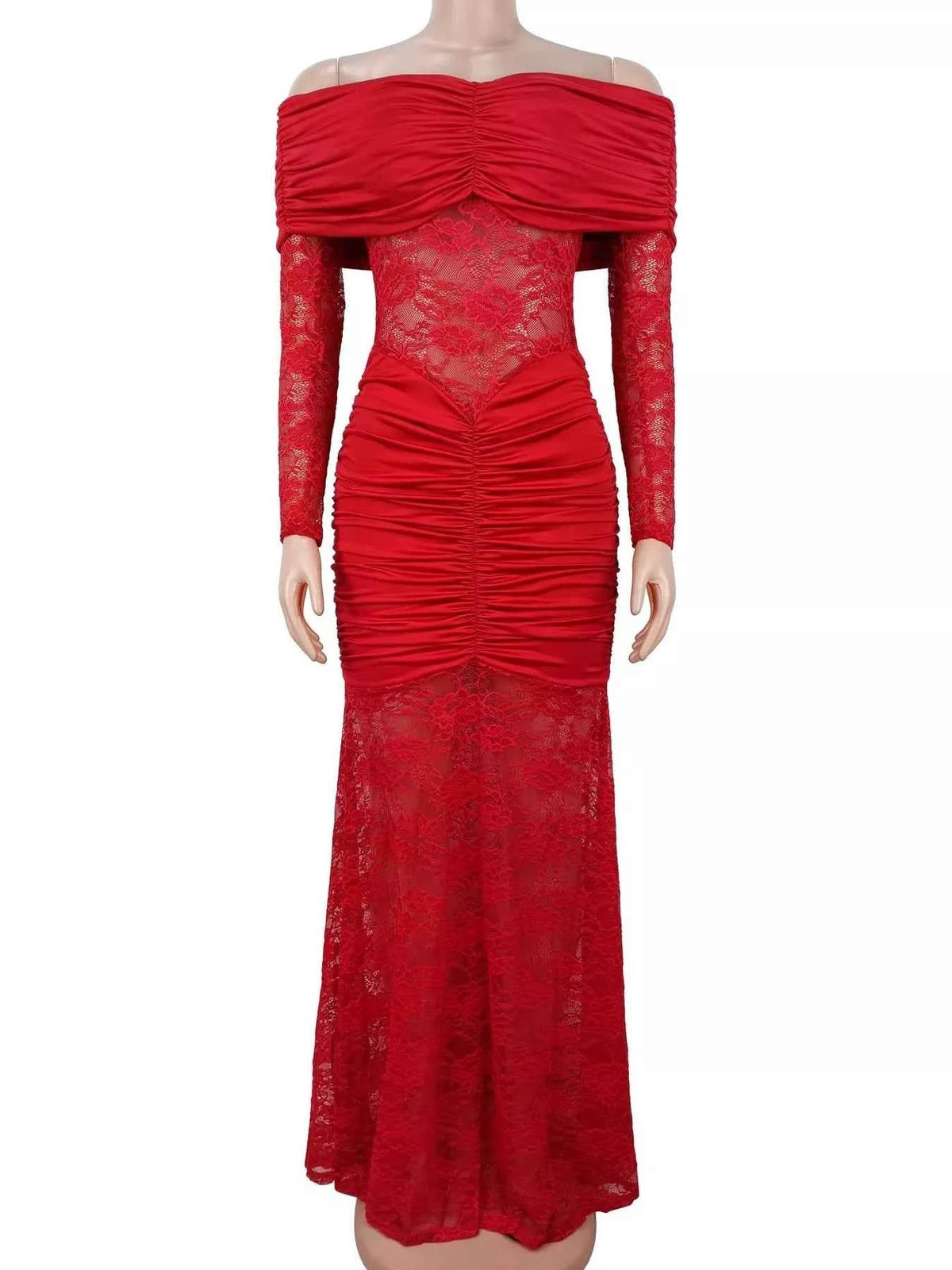 Off-Shoulder Ruched Lace Mermaid Maxi Dress