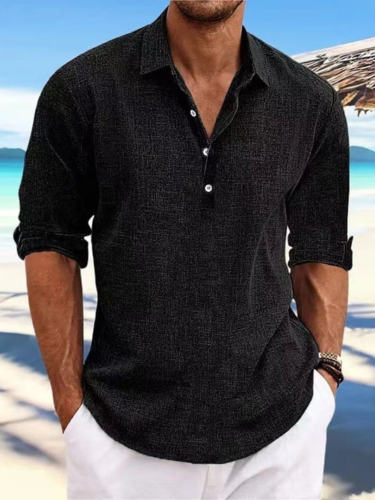 Men's Full Size Casual Linen Long Sleeve Polo Shirt Plus Size