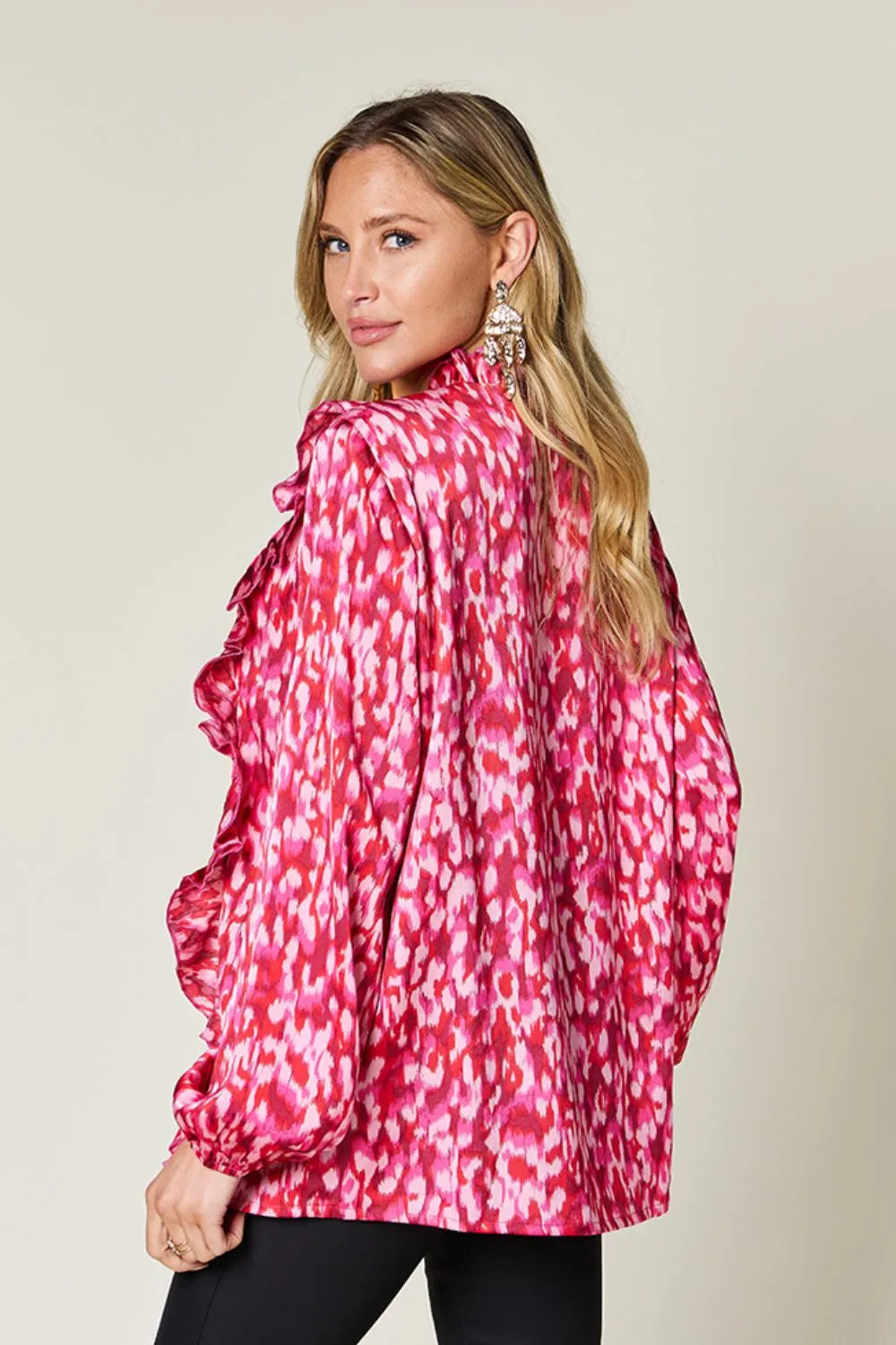 Double Take Full Size Printed Ruffle Trim Balloon Sleeve Shirt Plus Size