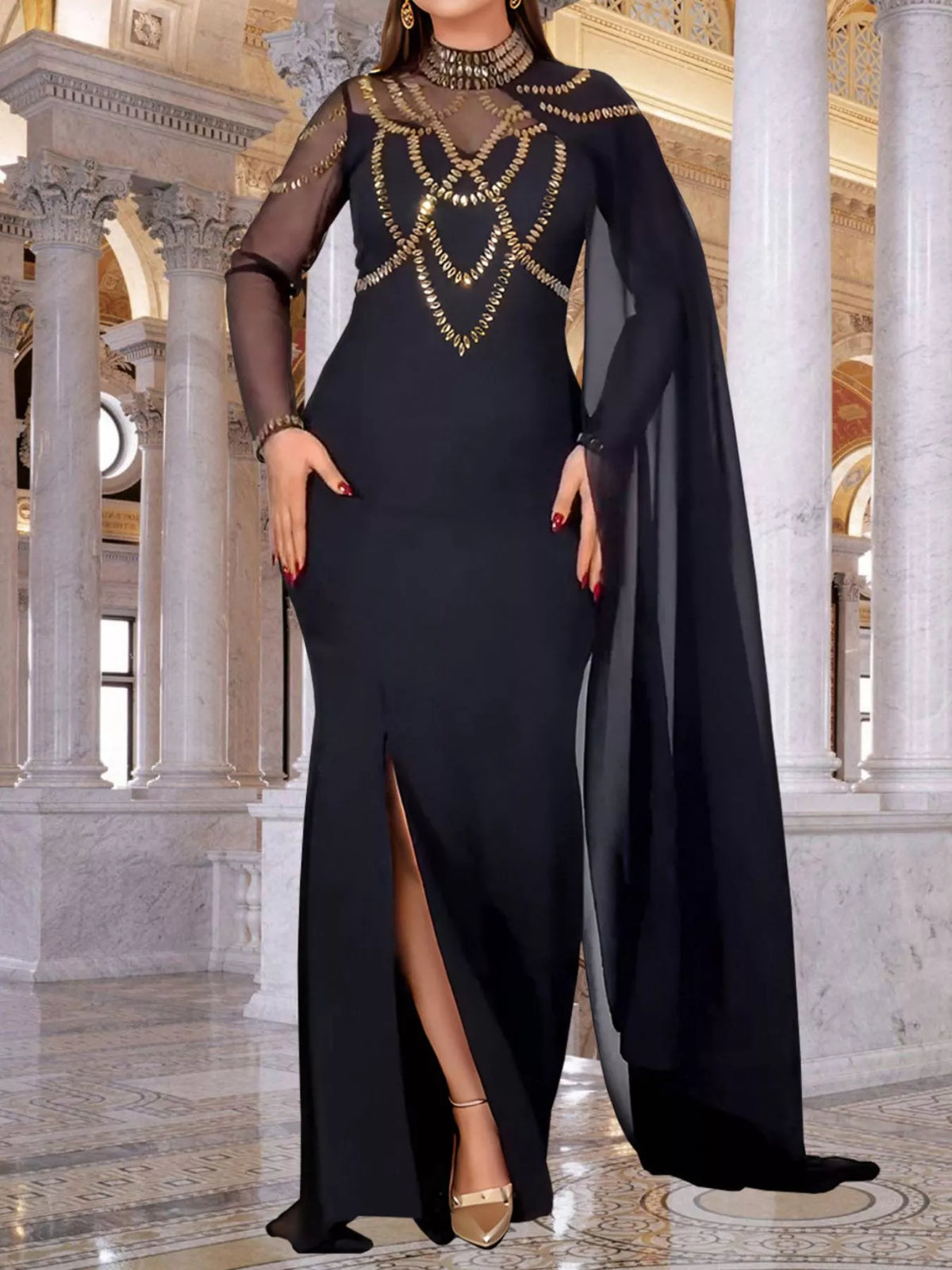 Rhinestone Slit Maxi Dress with Sheer Cape Sleeves