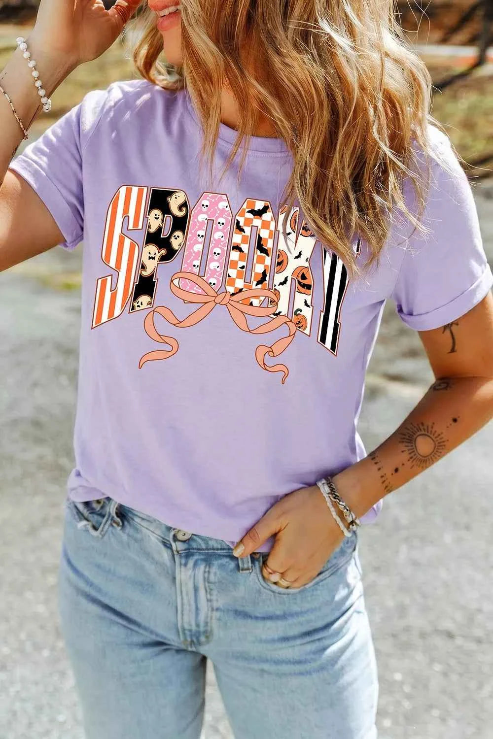 Halloween Spooky Letter Graphic Round Neck Casual T Shirt
